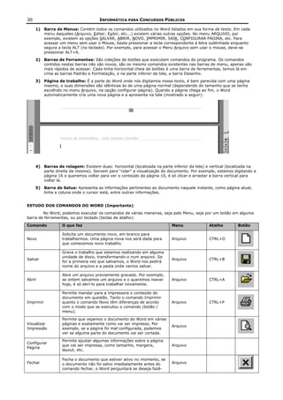 30                                   INFORMÁTICA PARA CONCURSOS PÚBLICOS

     1) Barra de Menus: Contém todos os comandos utilizados no Word listados em sua forma de texto. Em cada
        menu daqueles (Arquivo, Editar, Exibir, etc...) existem várias outras opções. No menu ARQUIVO, por
        exemplo, existem as opções SALVAR, ABRIR, NOVO, IMPRIMIR, SAIR, CONFIGURAR PÁGINA, etc. Para
        acessar um menu sem usar o Mouse, basta pressionar a tecla correspondente à letra sublinhada enquanto
        segura a tecla ALT (no teclado). Por exemplo, para acessar o Menu Arquivo sem usar o mouse, deve-se
        pressionar ALT+A.
     2) Barras de Ferramentas: São coleções de botões que executam comandos do programa. Os comandos
        contidos nestas barras não são novos, são os mesmo comandos existentes nas barras de menu, apenas são
        mais rápidos de acessar. Cada linha horizontal cheia de botões é uma barra de ferramentas, temos lá em
        cima as barras Padrão e Formatação, e na parte inferior da tela, a barra Desenho.
     3) Página de trabalho: É a parte do Word onde nós digitamos nosso texto, é bem parecida com uma página
        mesmo, e suas dimensões são idênticas às de uma página normal (dependendo do tamanho que se tenha
        escolhido no menu Arquivo, na opção configurar página). Quando a página chega ao fim, o Word
        automaticamente cria uma nova página e a apresenta na tela (mostrado a seguir):




     4) Barras de rolagem: Existem duas: horizontal (localizada na parte inferior da tela) e vertical (localizada na
        parte direita da mesma). Servem para “rolar” a visualização do documento. Por exemplo, estamos digitando a
        página 16 e queremos voltar para ver o conteúdo da página 10, é só clicar e arrastar a barra vertical para
        voltar lá.
     5) Barra de Satus: Apresenta as informações pertinentes ao documento naquele instante, como página atual,
        linha e coluna onde o cursor está, entre outras informações.


ESTUDO DOS COMANDOS DO WORD (Importante)
        No Word, podemos executar os comandos de várias maneiras, seja pelo Menu, seja por um botão em alguma
barra de ferramentas, ou por teclado (teclas de atalho):

Comando           O que faz                                              Menu               Atalho        Botão

                  Solicita um documento novo, em branco para
Novo              trabalharmos. Uma página nova nos será dada para       Arquivo            CTRL+O
                  que comecemos novo trabalho.

                  Grava o trabalho que estamos realizando em alguma
                  unidade de disco, transformando-o num arquivo. Se
Salvar                                                                   Arquivo            CTRL+B
                  for a primeira vez que salvamos, o Word nos pedirá
                  nome do arquivo e a pasta onde vamos salvar.

                  Abre um arquivo previamente gravado. Por exemplo,
Abrir             se ontem salvamos um arquivo e o queremos reaver       Arquivo            CTRL+A
                  hoje, é só abrí-lo para trabalhar novamente.

                  Permite mandar para a impressora o conteúdo do
                  documento em questão. Tanto o comando Imprimir
Imprimir          quanto o comando Novo têm diferenças de acordo         Arquivo            CTRL+P
                  com o modo que se executou o comando (botão /
                  menu).

                  Permite que vejamos o documento do Word em várias
Visualizar        páginas e exatamente como vai ser impresso. Por
                                                                         Arquivo
Impressão         exemplo, se a página foi mal configurada, podemos
                  ver se alguma parte do documento vai ser cortada.

                  Permite ajustar algumas informações sobre a página
Configurar
                  que vai ser impressa, como tamanho, margens,           Arquivo
Página
                  layout, etc.

                  Fecha o documento que estiver ativo no momento, se
Fechar            o documento não foi salvo imediatamente antes do       Arquivo
                  comando fechar, o Word perguntará se deseja fazê-
 