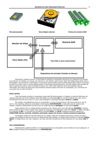 INFORMÁTICA PARA CONCURSOS PÚBLICOS                                          5




Microprocessador                         Disco Rígido (aberto)                     Pentes de memória RAM




                                                                           Memória RAM
   Monitor de Vídeo
                                          Processador




    Disco Rígido (HD)
                                                          Placa Mãe (e seus componentes)




                                            Dispositivos de entrada (Teclado ou Mouse)


         Explicando o diagrama acima: A informação é inserida no computador através de um dispositivo de entrada,
que pode ser um teclado, um mouse, um scanner ou uma câmera, entre outros. Esta informação segue direto para o
processador, que reconhece a informação e a guarda na memória RAM, para só então depois disso, jogá-la no monitor
(se este for o caso). Caso o usuário deseje gravar a informação permanentemente, ela será jogada numa unidade de
disco à escolha do mesmo (como mostrado na figura com o HD). Este diagrama serve para qualquer tipo de
informação, até mesmo as teclas que você pressiona enquanto digita uma carta no computador, ou o momento em
que grava sua voz pelo microfone.


BITS E BYTES
         Toda informação inserida no computador passa pelo Microprocessador e é jogada na memória RAM para ser
utilizada enquanto seu micro trabalha. Essa informação é armazenada não em sua forma legível (por nós), mas é
armazenada na forma de 0 (zero) e 1 (um). Essa linguagem é chamada linguagem binária ou digital.
        Na verdade, se pudéssemos entrar no computador e ver seu funcionamento, não haveria letras A, nem B,
nem C, nem números, dentro do computador existe apenas ELETRICIDADE, e esta pode assumir apenas dois
estados: LIGADO e DESLIGADO (convencionou-se que 0 representa desligado e 1 representa ligado).
        Cada caractere tem um código binário associado a ele. Vamos supor que a letra A seja 01000001, nenhum
outro caractere terá o mesmo código. Este código de caracteres é formado pela união de 8 “zeros” e “uns”. Cada 0 e
1 é chamado de BIT, e o conjunto de oito deles é chamado BYTE. Um BYTE consegue armazenar apenas um
CARACTERE (letras, números, símbolos, pontuação, espaço em branco e outros caracteres especiais).
       A linguagem binária foi convencionada em um código criado por cientistas americanos e aceito em todo o
mundo, esse código mundial que diz que um determinado byte significa um determinado caractere é chamado Código
ASCII. O Código ASCII, por usar “palavras” de 8 bits, permite a existência de 256 caracteres em sua tabela (256 =
28).


CPU E PERIFÉRICOS
       Didaticamente, podemos definir os componentes físicos do computador como divididos em duas categorias: A
CPU (Unidade Central de Processamento) e os PERIFÉRICOS.
 