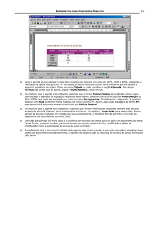 INFORMÁTICA PARA CONCURSOS PÚBLICOS                                             51




a)   Caso o agente queira calcular o total das invasões por hackers nos anos de 1997, 1998 e 1999, colocando o
     resultado na célula indicada por “X” na tabela do Word mostrada acima, será suficiente que ele realize a
     seguinte seqüência de ações: Clicar no menu Tabela, e, nele, escolher a opção Fórmula; No campo
     Fórmula da janela que se abrirá, digitar =SUM(ABOVE); Clicar em OK.
b)   No relatório que o agente está editando, sabendo que o termo Polícia Federal será dgitado várias vezes,
     para facilitar o trabalho de digitação freqüente deste termo, pode-se utilizar p recurso de Autocorreção do
     Word 2000, que pode ser acessado por meio do menu Ferramentas. Devidamente configurado, é possível
     associar um Alias ao termo Polícia Federal, tal como o termo PF. Assim, após cada digitação do termo PF,
     esse termo será automaticamente substituído por Polícia Federal.
c)   No relatório que o agente está digitando, supondo que muitas informações utilizadas tenham sido obtidas
     através de sites da Internet, seria interessante introduzir, no relatório, hyperlinks para esses sites. Porém,
     apesar da grande evolução em relação aos seus antecessores, o Windows 98 não permite a inserção de
     hyperlinks nos documentos do Word 2000.
d)   Uma das deficiências do Word 2000 é a ausência de recursos de senha para se abrir um documento do Word.
     Dessa forma, qualquer usuário que tenha acesso ao arquivo poderá abri-lo, modificá-lo e salvar as
     modificações sem a autorização do prévia do autor principal.
e)   Considerando que o documento editado pelo agente seja muito grande, e que seja necessário visualizar duas
     partes do documento simultaneamente, o agente não poderá usar os recursos de divisão de janela fornecidos
     pelo Word.
 
