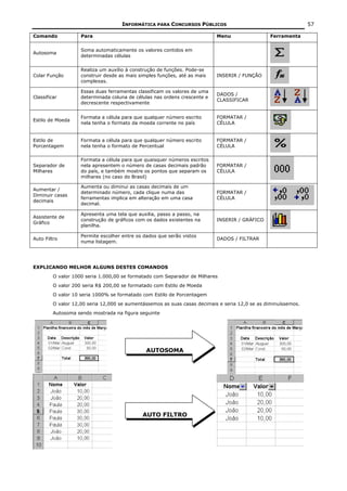 INFORMÁTICA PARA CONCURSOS PÚBLICOS                                        57

Comando             Para                                                   Menu                  Ferramenta


                    Soma automaticamente os valores contidos em
Autosoma
                    determinadas células


                    Realiza um auxílio à construção de funções. Pode-se
Colar Função        construir desde as mais simples funções, até as mais   INSERIR / FUNÇÃO
                    complexas.

                    Essas duas ferramentas classificam os valores de uma
                                                                           DADOS /
Classificar         determinada coluna de células nas ordens crescente e
                                                                           CLASSIFICAR
                    decrescente respectivamente


                    Formata a célula para que qualquer número escrito      FORMATAR /
Estilo de Moeda
                    nela tenha o formato da moeda corrente no país         CÉLULA


Estilo de           Formata a célula para que qualquer número escrito      FORMATAR /
Porcentagem         nela tenha o formato de Percentual                     CÉLULA

                    Formata a célula para que quaisquer números escritos
Separador de        nela apresentem o número de casas decimais padrão      FORMATAR /
Milhares            do país, e também mostre os pontos que separam os      CÉLULA
                    milhares (no caso do Brasil)

                    Aumenta ou diminui as casas decimais de um
Aumentar /
                    determinado número, cada clique numa das               FORMATAR /
Diminuir casas
                    ferramentas implica em alteração em uma casa           CÉLULA
decimais
                    decimal.

                    Apresenta uma tela que auxilia, passo a passo, na
Assistente de
                    construção de gráficos com os dados existentes na      INSERIR / GRÁFICO
Gráfico
                    planilha.

                    Permite escolher entre os dados que serão vistos
Auto Filtro                                                                DADOS / FILTRAR
                    numa listagem.




EXPLICANDO MELHOR ALGUNS DESTES COMANDOS
         O valor 1000 seria 1.000,00 se formatado com Separador de Milhares
         O valor 200 seria R$ 200,00 se formatado com Estilo de Moeda
         O valor 10 seria 1000% se formatado com Estilo de Porcentagem
         O valor 12,00 seria 12,000 se aumentássemos as suas casas decimais e seria 12,0 se as diminuíssemos.
         Autosoma sendo mostrada na figura seguinte




                                               AUTOSOMA




                                             AUTO FILTRO
 