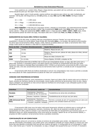 INFORMÁTICA PARA CONCURSOS PÚBLICOS                                             7

       Como podemos ver, existem Kilos, Megas e Gigas demais, que podem até nos confundir, por causa disso,
vamos estudá-los para que não sejam mais um mistério:
        Quando algum valor é muito grande, usamos prefixos nas palavras para indicar seu valor multiplicado, por
exemplo: 100 Kg são 100 Kilogramas ou 100 mil gramas, ou seja, Kilo significa MIL VEZES. Verifique a tabela
abaixo:
         1K = 1 Kilo        = 1.000 vezes
         1M = 1 Mega        = 1.000.000 de vezes
         1G = 1 Giga        = 1.000.000.000 de vezes
        MAS ATENÇÃO!        Pelo fato de a linguagem binária, utilizada no computador, ser matematicamente baseada
no número 2, 1 Kilo, no mundo dos Bits e Bytes, não é exatamente 1000 vezes, mas 1024 vezes, bem como os
outros valores: 1 Mega são exatamente 1024 x 1024 vezes e 1 Giga equivale a 1024 x 1024 x 1024 vezes. Ainda
não precisamos passar da ordem dos Giga, mas depois dela vem a ordem dos Tera, dos Peta, dos Exa, etc...


BARRAMENTOS DA PLACA-MÃE (TIPOS E VALORES)
          Como já foi dito antes, as placas-mãe dos computadores possuem “fendas” em suas estruturas que
possibilitam o encaixe de outras placas. Essas fendas são chamadas slots e, na verdade, são apenas as terminações
de vários tipos de barramentos (BUS). Resolvi, então, listá-los na tabela abaixo por idade (o barramento ISA é mais
antigo e está caindo em desuso e o Slot AGP é o caçula da família):

Nome do Slot      Transfere Simultaneamente            Usado Normalmente em

ISA               16 bits                              Modems, Placas de som, etc.

                                                       Modems, Placas de som, placas de rede, placas de vídeo, demais
PCI               32 bits
                                                       periféricos...

AGP               32 bits                              Placas de vídeo (inclusive 3D)

SCSI              8 e 16 bits                          Discos Rígidos, CD-ROM, unidades de fita

        O barramento SCSI (lê-se ISCÂSI) não é comum aos computadores atuais, ou seja, não vêm junto com a
placa-mãe, portanto, é necessário possuir uma placa externa que controle os componentes SCSI para que estes
funcionem, esta placa é chamada Placa Controladora SCSI. O SCSI é um barramento concorrente do IDE e muito mais
rápido que este. Uma das características técnicas do barramento SCSI é permitir a conexão de até 15 equipamentos
em série.
        O barramento AGP (Porta de Gráficos Acelerada) é comum nos computadores mais novos e permite a conexão
das novas placas de vídeo (especialmente as placas de vídeo com característica 3D).


CONEXÃO COM PERIFÉRICOS EXTERNOS
         Os periféricos externos, como impressoras e scanners, ligam-se à placa mãe do mesmo jeito que os internos o
fazem, através de interfaces (pontes de comunicação, seriam quase sinônimos de barramentos) entre os dois. Abaixo
segue a listagem que apresenta os mais comuns tipos de interfaces de comunicação e suas utilizações quanto ao tipo
de periférico a ser conectado:



Interface                   Normalmente usado em              Características

                            Impressoras / Scanners /
Paralela                                                      Transferência de vários bits simultâneos
                            Unidades de HD, CD externas

Serial                      Mouses / Joysticks / Câmeras      Transferência de um bit por vez (em série)

                            Impressoras / Scanners /
USB (Universal Serial                                         Permite a conexão de até 127 equipamentos em série (em
                            Monitores / Unidades Externas
Bus)                                                          apenas uma conexão traseira do micro).
                            / mouses / joysticks / teclados



        O barramento USB (mais novo de todos) está sendo largamente utilizado na indústria para a construção de
novos equipamentos, como impressoras, scanners, monitores, etc. Além de ser possível a conexão de até 127
equipamentos em série, pode-se comprar o que chamamos de HUB USB (um equipamento que funciona como um “T”
(Benjamin) para unir vários equipamentos numa única porta de conexão). Apesar de ser um barramento SERIAL, a
proposta do USB é substituir os barramentos Seriais e paralelos existentes.


CONFIGURAÇÃO DE UM COMPUTADOR
         Quando vemos em um jornal ou revista um anúncio de computador para vender, nos deparamos com uma
série de informações conturbadas e que podem gerar uma verdadeira confusão em nossas cabeças (a menos que você
tenha lido esta apostila e entendido tudo que ela quis mostrar até agora). A configuração de um computador é, nada
mais, nada menos que a “receita” do computador, ou seja, a listagem dos equipamentos que o formam. É necessário
 
