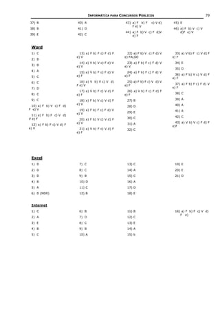 INFORMÁTICA PARA CONCURSOS PÚBLICOS                                  79

37) B                       40) A                        43) a) F b) F    c) V d)   45) E
                                                             F e) V
38) B                       41) D                                                   46) a) F b) V c) V
                                                         44) a) F b) V c) F d)V         d)F e) V
39) E                       42) C                            e) F


 Word
 1) C                         13) a) F b) F c) F d) F     22) a) F b) V c) F d) V     33) a) V b) F c) V d) F
                            e) V                        e) FALSO                    e) F
 2) B
                              14) a) V b) V c) F d) V     23) a) F b) F c) F d) V    34) E
 3) D                       e) V                        e) V
                                                                                     35) D
 4) A                         15) a) V b) F c) F d) V     24) a) F b) F c) F d) V
                            e) F                        e) F                          36) a) F b) V c) V d) F
 5) C                                                                               e) F
 6) C                         16) a) V b) V c) V d)       25) a) F b) F c) V d) V
                            F e) V                      e) F                          37) a) F b) F c) F d) V
 7) D                                                                               e) F
                              17) a) V b) F c) V d) F     26) a) V b) F c) F d) F
 8) C                       e) F                        e) F                         38) C

 9) C                         18) a) F b) V c) V d) F    27) B                       39) A
                            e) V                                                     40) A
 10) a) F b) V c) F d)                                   28) D
F e) V                        19) a) F b) F c) F d) V                                41) A
                            e) V                         29) E
  11) a) F b) F c) V d)                                                              42) C
V e) F                        20) a) F b) V c) V d) F    30) C
                            e) V                         31) A                        43) a) V b) V c) F d) F
  12) a) F b) F c) V d) F                                                           e)F
e) V                          21) a) V b) F c) V d) F    32) C
                            e) F




 Excel
 1) D                        7) C                        13) C                       19) E
 2) D                        8) C                        14) A                       20) E
 3) D                        9) B                        15) C                       21) D
 4) B                        10) D                       16) A
 5) A                        11) C                       17) D
 6) D (NDR)                  12) B                       18) E



 Internet
 1) C                        6) B                        11) B                       16) a) F b) F c) V d)
                                                                                        F e)
 2) A                        7) D                        12) C
 3) E                        8) C                        13) E
 4) B                        9) B                        14) A
 5) C                        10) A                       15) b
 