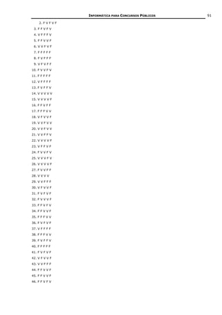 INFORMÁTICA PARA CONCURSOS PÚBLICOS   91

     2. F V F V F
 3. F F V F V
 4. V F F F V
 5. F F V V F
 6. V V F V F
 7. F F F F F
 8. F V F F F
 9. V F V F F
10. F V V F V
11. F F F F F
12. V F F F F
13. F V F F V
14. V V V V V
15. V V V V F
16. F F V F F
17. F F F V V
18. V F V V F
19. V V F V V
20. V V F V V
21. V V F F V
22. V V V V F
23. V F F V F
24. F V V F V
25. V V V F V
26. V V V V F
27. F V V F F
28. V V V V
29. V V F F F
30. V F V V F
31. F V F V F
32. F V V V F
33. F F V F V
34. F F V V F
35. F F F V V
36. F V F V F
37. V F F F F
38. F F F V V
39. F V F F V
40. F F F F F
41. F V F V F
42. V F V V F
43. V V F F F
44. F F V V F
45. F F V V F
46. F F V F V
 