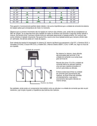Virabrequim Cilindro 1 Cilindro 2 Cilindro 3 Cilindro 4 Comando
0 - 180o
0 - 90o
180 - 360o
{ } 90 - 180o
360 - 540o
{ } 180 - 270o
540 - 720o
{ } 270 - 360o
720 - 900o
{ } 350 - 450o
900 - 1080o
{ } 450 - 540o
Para garantir o funcionamento perfeito deste método, é de suma importância que a unidade de comando do sistema
de injeção saiba qual a temperatura do motor no momento.
Observe que no primeiro movimento não há injeção em nenhum dos cilindros, pois, ainda não se completaram os
360o
de rotação. Já na segunda linha será injetado em todos os cilindros mas somente o segundo cilindro admite a
mistura. Na terceira linha, o primeiro cilindro entra em admissão absorvendo a injetada anterior. Em nenhum dos
outros cilindros é injetado novamente. Na quarta linha, ocorre uma nova injetada sendo que o terceiro cilindro está
em admissão. Os demais estão em modo de espera.
Este método de injeção foi empregado no sistema LE Jetronic da Bosch que equiparam o Gol GTi, o Santana GLSi, o
Versailles 2.0i Ghia, o Escort XR-3 2.0i, o Kadett GSi, o Monza Classic 500EF, o Uno 1.6 MPi, etc, logo no início da
era injetada.
No sistema Le Jetronic, duas válvulas
são acionadas pelo terminal 12 da
unidade de comando e as outras duas
pelo terminal 24.
Através dos pinos 12 e 24 a unidade de
comando aterra as válvulas injetoras,
uma vez que o positivo já existe e é
comum para todas as válvulas.
Embora exista duas linhas na unidade
de comando para acionamento dos
injetores, as duas linhas são ativadas
simultaneamente, o que gera o
acionamento das quatro válvulas ao
mesmo tempo.
Na realidade, ainda existe um componente intermediário entre as válvulas e a unidade de comando que são os pré-
resistores, cuja função é igualar a impedância das bobinas dos injetores.
 