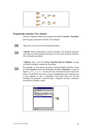 Prof. Dr. W E DOS SANTOS 22
Pesquisando controles, VIs e funções
Utilize os seguintes botões de navegação das paletas Controls e Functions
para navegar e pesquisar controles, VIs e funções:
• Up: eleva você um nível na hierarquia da paleta.
• Search: altera a paleta para o modo de pesquisa. Em modo de pesquisa,
você pode executar pesquisas baseadas em texto para localizar controles,
VIs ou funções nas paletas.
• Options: abre a caixa de diálogo Function Browser Options, na qual
você pode configurar a aparência das paletas.
Por exemplo, se você desejar localizar a função Random Number, clique
no botão Search da barra de ferramentas da paleta Functions e comece a
digitar Random Number na caixa de texto, localizada na parte superior da
paleta. O LabVIEW lista todos os itens correspondentes que começam com
o texto digitado ou que o contenham. Você pode clicar em um dos
resultados da pesquisa e arrastá-lo para o diagrama de bloco, conforme
mostrado no exemplo a seguir.
 