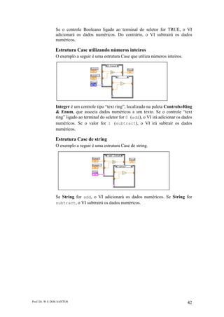 Prof. Dr. W E DOS SANTOS 42
Se o controle Booleano ligado ao terminal do seletor for TRUE, o VI
adicionará os dados numéricos. Do contrário, o VI subtrairá os dados
numéricos.
Estrutura Case utilizando números inteiros
O exemplo a seguir é uma estrutura Case que utiliza números inteiros.
Integer é um controle tipo “text ring”, localizado na paleta Controls»Ring
& Enum, que associa dados numéricos a um texto. Se o controle “text
ring” ligado ao terminal do seletor for 0 (add), o VI irá adicionar os dados
numéricos. Se o valor for 1 (subtract), o VI irá subtrair os dados
numéricos.
Estrutura Case de string
O exemplo a seguir é uma estrutura Case de string.
Se String for add, o VI adicionará os dados numéricos. Se String for
subtract, o VI subtrairá os dados numéricos.
 