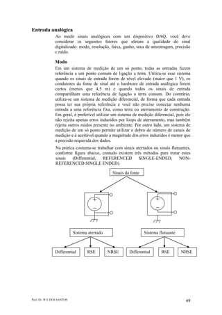 Prof. Dr. W E DOS SANTOS 49
Entrada analógica
Ao medir sinais analógicos com um dispositivo DAQ, você deve
considerar os seguintes fatores que afetam a qualidade do sinal
digitalizado: modo, resolução, faixa, ganho, taxa de amostragem, precisão
e ruído.
Modo
Em um sistema de medição de um só ponto, todas as entradas fazem
referência a um ponto comum de ligação a terra. Utiliza-se esse sistema
quando os sinais de entrada forem de nível elevado (maior que 1 V), os
condutores da fonte de sinal até o hardware de entrada analógica forem
curtos (menos que 4,5 m) e quando todos os sinais de entrada
compartilham uma referência de ligação a terra comum. Do contrário,
utiliza-se um sistema de medição diferencial, de forma que cada entrada
possa ter sua própria referência e você não precise conectar nenhuma
entrada a uma referência fixa, como terra ou aterramento de construção.
Em geral, é preferível utilizar um sistema de medição diferencial, pois ele
não rejeita apenas erros induzidos por loops de aterramento, mas também
rejeita outros ruídos presente no ambiente. Por outro lado, um sistema de
medição de um só ponto permite utilizar o dobro do número de canais de
medição e é aceitável quando a magnitude dos erros induzidos é menor que
a precisão requerida dos dados.
Na prática costuma-se trabalhar com sinais aterrados ou sinais flutuantes,
conforme figura abaixo, contudo existem três métodos para tratar estes
sinais (Differential, REFERENCED SINGLE-ENDED, NON-
REFERENCED SINGLE ENDED).
Sinais da fonte
VS VS
Sistema aterrado Sistema flutuante
Differential RSE NRSE Differential RSE NRSE
 
