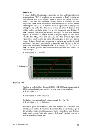 Prof. Dr. W E DOS SANTOS 54
Resolução
O número de bits utilizados para representar um sinal analógico determina
a resolução do ADC. A resolução em um dispositivo DAQ é similar as
marcações de uma régua. Quanto maior o número de marcas na régua,
maior a precisão das medições. Quanto maior a resolução de um
dispositivo DAQ, maior o número de divisões em que seu sistema poderá
interromper a faixa ADC e, portanto, maior a capacidade de detecção de
alterações. Um ADC de 3-bits divide a faixa em 2³ ou 8 divisões. Um
código binário ou digital entre 000 e 111 representa cada divisão. O
ADC converte cada medição do sinal analógico em uma das divisões
digitais. A ilustração a seguir mostra a imagem digital de uma onda
senoidal de 5 kHz, obtida com um ADC de 3-bits. O sinal digital não
representa o sinal original de forma adequada, pois o conversor possui
poucas divisões digitais para representar a variação de tensão do sinal
analógico. Entretanto, aumentando a resolução para 16 bits, a fim de
aumentar o número de divisões do ADC de 8 (23) para 65.536 (216); e o
ADC de 16-bits permite obter uma representação bem mais precisa do
sinal analógico.
Ex: USB-6008
Verifica-se no Data Sheet do módulo DAQ USB-6008 que sua resolução é
12-bit, aplicando a fórmula anterior chega-se na seguinte conclusão:
Ex: Leitura com resolução de 3-bit com entrada de -10 a +10.
Percebe-se que o sinal (Branco) está bem diferente do (Vermelho) isto
ocorre devido ao fato da resolução do sinal em branco ser maior do que a
do vermelho. Tendo em vista que quanto maior é a resolução mais divisões
terá o sinal, ou seja, “intervalos menores de leitura”, isto fará com que o
sinal se aproxime mais do real.
8 divisões
 