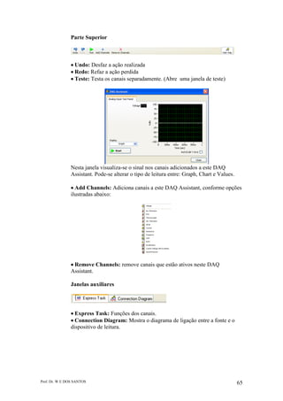 Prof. Dr. W E DOS SANTOS 65
Parte Superior
Undo: Desfaz a ação realizada
Redo: Refaz a ação perdida
Teste: Testa os canais separadamente. (Abre uma janela de teste)
Nesta janela visualiza-se o sinal nos canais adicionados a este DAQ
Assistant. Pode-se alterar o tipo de leitura entre: Graph, Chart e Values.
Add Channels: Adiciona canais a este DAQ Assistant, conforme opções
ilustradas abaixo:
Remove Channels: remove canais que estão ativos neste DAQ
Assistant.
Janelas auxiliares
Express Task: Funções dos canais.
Connection Diagram: Mostra o diagrama de ligação entre a fonte e o
dispositivo de leitura.
 