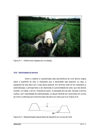 Figura X.1. – Sistema de irrigação por inundação.




10.3 – Declividade do terreno


              Como o sistema é caracterizado pela permanência de uma lâmina d’água
sobre a superfície do solo, é necessário que a declividade seja pequena, ou seja, a
topografia da área deve ser a mais plana possível. Em terrenos onde se faz necessária a
sistematização, o principal fator a ser observado é a profundidade de corte, que não deverá
exceder, na média, a 20 cm, evitando-se assim, a exposição de sub-solo. Quando o terreno
é plano, sem necessidade de sistematização, os diques deverão ser construídos em curvas
de nível e a diferença de nível entre eles não deve ser maior que 6 cm (Figura X.2).




                                                 DN

Figura X.2 – Representação esquemática de tabuleiros em curvas de nível.



IRRIGAÇÃO                                                                              CAP.X - 2
 