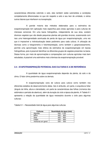 características diferentes cobrindo o solo, eles também estão submetidos a condições
completamente diferenciadas no que diz respeito a solo e seu teor de umidade, e vários
outros fatores que interferem na transpiração.


              A   grande    maioria   dos   métodos    elaborados    para   a   estimativa   da
evapotranspiração tem aplicação mais específica para áreas agrícolas e para culturas de
interesse comercial. Em uma bacia hidrográfica, independente de sua área, existem
diversos vegetais que vão desde pequenas plantas até grandes árvores, ocasionando com
isso uma heterogeneidade acentuada de perda de água por evapotranspiração, uma vez
que é impossível a individualização deste parâmetro para cada cultura. A utilização de
técnicas como a fotogrametria e fotointerpretação, como também o geoprocessamento,
permite uma aproximação mais efetiva da estimativa da evapotranspiração em bacias
hidrográficas, pois é possível identificar os diferentes grupos de vegetais presentes na bacia.
Dessa forma, por meio de aproximações e comparações com culturas agrícolas mais bem
estudadas, é possível uma estimativa mais criteriosa da evapotranspiração provável.




2.4 – EVAPOTRANSPIRAÇÃO POTENCIAL DAS CULTURAS E A DE REFERÊNCIA


              A quantidade de água evapotranspirada depende da planta, do solo e do
clima. O fator clima predomina sobre os demais.


              A evapotranspiração varia de cultura para cultura como também nos
diferentes estádios de desenvolvimento delas. Isto é atribuído, em parte, à arquitetura foliar
(ângulo da folha, altura e densidade), em parte às características das folhas (números dos
estômatos e período de abertura), além da duração do ciclo e época de plantio. A Tabela II.1
apresenta a relação da quantidade de água necessária durante o ciclo para algumas
culturas:


Tabela II.1 – Necessidade total de água para algumas culturas


                            Culturas          Quantidade de água (mm)
                        Algodão                      550 - 1100
                        Milho                        400 - 800
                        Soja                         400 - 800
                        Feijão                       300 - 600
                        Verduras em geral            250 - 500




IRRIGAÇÃO                                                                             CAP.II - 4
 