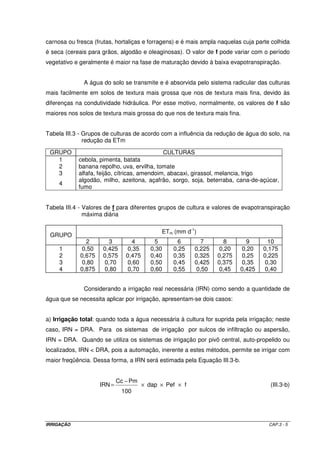 carnosa ou fresca (frutas, hortaliças e forragens) e é mais ampla naquelas cuja parte colhida
é seca (cereais para grãos, algodão e oleaginosas). O valor de f pode variar com o período
vegetativo e geralmente é maior na fase de maturação devido à baixa evapotranspiração.


              A água do solo se transmite e é absorvida pelo sistema radicular das culturas
mais facilmente em solos de textura mais grossa que nos de textura mais fina, devido às
diferenças na condutividade hidráulica. Por esse motivo, normalmente, os valores de f são
maiores nos solos de textura mais grossa do que nos de textura mais fina.


Tabela III.3 - Grupos de culturas de acordo com a influência da redução de água do solo, na
               redução da ETm

 GRUPO                                            CULTURAS
   1        cebola, pimenta, batata
   2        banana repolho, uva, ervilha, tomate
   3        alfafa, feijão, cítricas, amendoim, abacaxi, girassol, melancia, trigo
            algodão, milho, azeitona, açafrão, sorgo, soja, beterraba, cana-de-açúcar,
     4
            fumo


Tabela III.4 - Valores de f para diferentes grupos de cultura e valores de evapotranspiração
               máxima diária

                                              ETm (mm d-1)
 GRUPO
               2        3         4          5       6       7       8       9       10
     1        0,50    0,425      0,35      0,30     0,25   0,225    0,20   0,20    0,175
     2       0,675    0,575     0,475      0,40     0,35   0,325   0,275   0,25    0,225
     3        0,80    0,70       0,60      0,50     0,45   0,425   0,375   0,35     0,30
     4       0,875    0,80       0,70      0,60     0,55   0,50     0,45   0,425    0,40


              Considerando a irrigação real necessária (IRN) como sendo a quantidade de
água que se necessita aplicar por irrigação, apresentam-se dois casos:


a) Irrigação total: quando toda a água necessária à cultura for suprida pela irrigação; neste
caso, IRN = DRA. Para os sistemas de irrigação por sulcos de infiltração ou aspersão,
IRN = DRA. Quando se utiliza os sistemas de irrigação por pivô central, auto-propelido ou
localizados, IRN < DRA, pois a automação, inerente a estes métodos, permite se irrigar com
maior freqüência. Dessa forma, a IRN será estimada pela Equação III.3-b.


                             Cc − Pm
                     IRN =              × dap × Pef × f                              (III.3-b)
                              100




IRRIGAÇÃO                                                                            CAP.3 - 5
 
