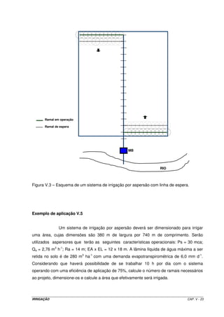 IRRIGAÇÃO CAP. V - 23
Figura V.3 – Esquema de um sistema de irrigação por aspersão com linha de espera.
Exemplo de aplicação V.5
Um sistema de irrigação por aspersão deverá ser dimensionado para irrigar
uma área, cujas dimensões são 380 m de largura por 740 m de comprimento. Serão
utilizados aspersores que terão as seguintes características operacionais: Ps = 30 mca;
Qa = 2,76 m3
h-1
; Ra = 14 m; EA x EL = 12 x 18 m. A lâmina líquida de água máxima a ser
retida no solo é de 280 m3
ha-1
com uma demanda evapotranspirométrica de 6,0 mm d-1
.
Considerando que haverá possibilidade de se trabalhar 10 h por dia com o sistema
operando com uma eficiência de aplicação de 75%, calcule o número de ramais necessários
ao projeto, dimensione-os e calcule a área que efetivamente será irrigada.
MB
RIO
Ramal em operação
Ramal de espera
 