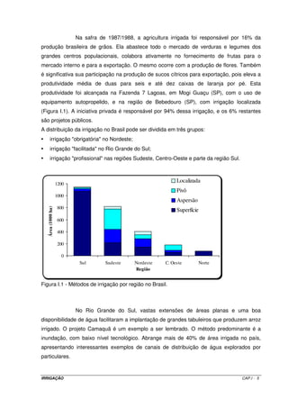 IRRIGAÇÃO CAP.I - 5
Na safra de 1987/1988, a agricultura irrigada foi responsável por 16% da
produção brasileira de grãos. Ela abastece todo o mercado de verduras e legumes dos
grandes centros populacionais, colabora ativamente no fornecimento de frutas para o
mercado interno e para a exportação. O mesmo ocorre com a produção de flores. Também
é significativa sua participação na produção de sucos cítricos para exportação, pois eleva a
produtividade média de duas para seis e até dez caixas de laranja por pé. Esta
produtividade foi alcançada na Fazenda 7 Lagoas, em Mogi Guaçu (SP), com o uso de
equipamento autopropelido, e na região de Bebedouro (SP), com irrigação localizada
(Figura I.1). A iniciativa privada é responsável por 94% dessa irrigação, e os 6% restantes
são projetos públicos.
A distribuição da irrigação no Brasil pode ser dividida em três grupos:
• irrigação "obrigatória" no Nordeste;
• irrigação "facilitada" no Rio Grande do Sul;
• irrigação "profissional" nas regiões Sudeste, Centro-Oeste e parte da região Sul.
0
200
400
600
800
1000
1200
Sul Sudeste Nordeste C. Oeste Norte
Região
Área(1000ha),,,
Localizada
Pivô
Aspersão
Superfície
Figura I.1 - Métodos de irrigação por região no Brasil.
No Rio Grande do Sul, vastas extensões de áreas planas e uma boa
disponibilidade de água facilitaram a implantação de grandes tabuleiros que produzem arroz
irrigado. O projeto Camaquã é um exemplo a ser lembrado. O método predominante é a
inundação, com baixo nível tecnológico. Abrange mais de 40% de área irrigada no país,
apresentando interessantes exemplos de canais de distribuição de água explorados por
particulares.
 