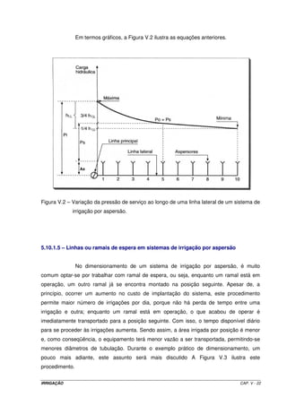-  
 
 
= 
O múltiplo de 6 m mais próximo é L2 = 156 m. Podemos verificar que este 
ponto encontra-se entre o terceiro e o quarto aspersores. Assim sendo, L1 será igual a 60 m. 
b) Perda de carga na linha lateral 
- Determinação de hf1 
para: N = 12; QLL = 53,04 m3 h-1 ; L = 216 m; D = 4”; C = 140; F12 = 0,393: 
 
 
 
 
1 = 
x 216 x 0,393 2,66mca 
53,04 / 3600 
140 
1,852 
= ´ 
hf 10,646 4,87 
(0,1016) 
- Determinação de hf2 
para: N = 9; QL2 = 39,78 m3 h-1 ; L2 = 156 m; D = 3”; C = 140; F9 = 0,408: 
 
 
 
 
2 = 
x 156 x 0,408 4,76mca 
39,78 / 3600 
140 
1,852 
= ´ 
hf 10,646 4,87 
(0,0762) 
IRRIGAÇÃO CAP. V - 17 
 
