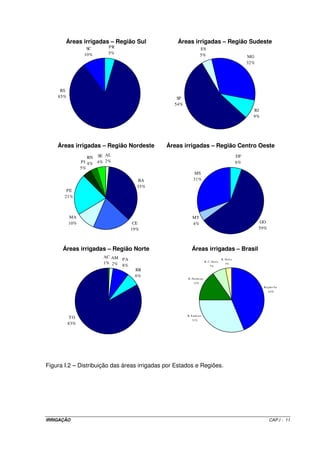 Tabela I.1 - Relação dos vinte primeiros países com maiores áreas irrigadas no mundo 
País Área 
(1000 ha) País Área 
(1000 ha) País Área 
(1000 ha) 
China 52.800 Uzbequistão 4.281 Itália 2.698 
Estados Unidos 21.400 Turquia 4.200 Japão 2.679 
ã 7.562 Bangladesh 3.844 Brasil (17o) 2.656 
México 6.500 Espanha 3.640 Ucrânia 2.454 
Indonésia 4.815 Iraque 3.525 Austrália 2.400 
Tailândia 4.749 Egito 3.300 Afeganistão 2.386 
Federação Russa 4.663 Romênia 2.880 Mundo 271.432 
Fonte: FAO, 2000. Dados referentes ao ano de 1998. 
BRASIL: 
Divisas 
25% 
Produção 
16% 
Área cultivada / Área Irrigada 
4% 
1.4 - ÁREA IRRIGADA E MÉTODOS DE IRRIGAÇÃO UTILIZADOS NAS DIFERENTES 
REGIÕES DO BRASIL 
A irrigação no Brasil apresenta características diferentes no Nordeste e no 
Sul. Ainda que tenham surgido nas duas regiões simultaneamente, no início do século, a 
irrigação desenvolveu-se com características bem diferenciadas. Enquanto no Nordeste as 
iniciativas nasceram do poder público, no Sul a iniciativa foi predominantemente particular. 
Com os dados recebidos de órgãos estaduais, em 1996, a Secretaria de Recursos Hídricos 
do MMA (SRH/MMA) contabilizou cerca de 2,63 milhões de hectares irrigados no Brasil. A 
região Sul se destacou como a mais irrigada, com cerca de 1,15 milhões de hectares, 
seguida da região Sudeste, com mais de 800 mil hectares. A região Nordeste vem a seguir, 
com mais de 400 mil, depois a Centro-Oeste, com aproximadamente 200 mil hectares e, 
finalmente, a região Norte, com 80 mil hectares irrigados, como ser observado na Tabela I.2 
e Figura I.2. 
Apesar do esforço da SRH/MMA em obter informações recentes sobre a 
irrigação no Brasil, estima-se em, aproximadamente, 3 milhões de hectares a extensão da 
área irrigada no Brasil. Entretanto, isto representa apenas 4% da área cultivada, 
percentagem considerada muito baixa, frente aos valores médios de 15% fornecidos pela 
FAO. 
IRRIGAÇÃO CAP.I - 8 
 