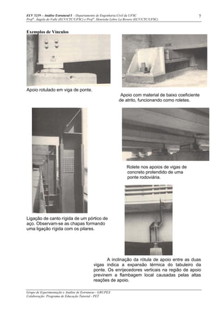 ECV 5219 – Análise Estrutural I - Departamento de Engenharia Civil da UFSC
Prof a
. Ângela do Valle (ECV/CTC/UFSC) e Prof a
. Henriette Lebre La Rovere (ECV/CTC/UFSC)
Grupo de Experimentação e Análise de Estruturas - GRUPEX
Colaboração: Programa de Educação Tutorial - PET
7
Exemplos de Vínculos
Apoio rotulado em viga de ponte.
Apoio com material de baixo coeficiente
de atrito, funcionando como roletes.
Rolete nos apoios de vigas de
concreto protendido de uma
ponte rodoviária.
Ligação de canto rígida de um pórtico de
aço. Observam-se as chapas formando
uma ligação rígida com os pilares.
A inclinação da rótula de apoio entre as duas
vigas indica a expansão térmica do tabuleiro da
ponte. Os enrijecedores verticais na região de apoio
previnem a flambagem local causadas pelas altas
reações de apoio.
 