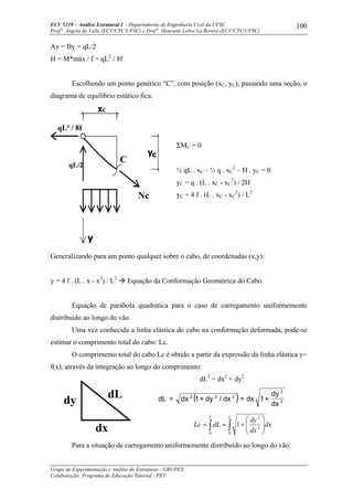 ECV 5219 – Análise Estrutural I - Departamento de Engenharia Civil da UFSC
Prof a
. Ângela do Valle (ECV/CTC/UFSC) e Prof a
. Henriette Lebre La Rovere (ECV/CTC/UFSC)
Grupo de Experimentação e Análise de Estruturas - GRUPEX
Colaboração: Programa de Educação Tutorial - PET
100
Ay = By = qL/2
H = M*máx / f = qL2
/ 8f
Escolhendo um ponto genérico “C”, com posição (xC, yC), passando uma seção, o
diagrama de equilíbrio estático fica:
ΣMC = 0
½ qL . xC – ½ q . xC
2
– H . yC = 0
yC = q . (L . xC - xC
2
) / 2H
yC = 4 f . (L . xC - xC
2
) / L2
Generalizando para um ponto qualquer sobre o cabo, de coordenadas (x,y):
y = 4 f . (L . x - x2
) / L2
Equação da Conformação Geométrica do Cabo.
Equação de parábola quadrática para o caso de carregamento uniformemente
distribuído ao longo do vão.
Uma vez conhecida a linha elástica do cabo na conformação deformada, pode-se
estimar o comprimento total do cabo: Lc.
O comprimento total do cabo Lc é obtido a partir da expressão da linha elástica y=
f(x), através da integração ao longo do comprimento:
dL2
= dx2
+ dy2
( ) 2
2
222
dx
dy
+1dx=dx/dy+1dx=dL
∫ ∫ ⎟⎟
⎠
⎞
⎜⎜
⎝
⎛
+==
L L
dx
dx
dy
dLLc
0 0
2
2
1
Para a situação de carregamento uniformemente distribuído ao longo do vão:
dL
dx
dy
qL/2
qL² / 8f
C
Nc
yc
y
 