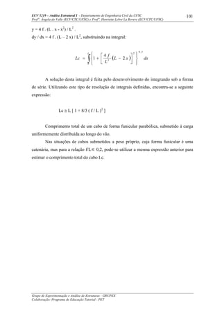 ECV 5219 – Análise Estrutural I - Departamento de Engenharia Civil da UFSC
Prof a
. Ângela do Valle (ECV/CTC/UFSC) e Prof a
. Henriette Lebre La Rovere (ECV/CTC/UFSC)
Grupo de Experimentação e Análise de Estruturas - GRUPEX
Colaboração: Programa de Educação Tutorial - PET
101
y = 4 f . (L . x - x2
) / L2
.
dy / dx = 4 f . (L – 2 x) / L2
, substituindo na integral:
( )∫0
5,02
2
2
4
1
L
dxxL
L
f
Lc
⎪⎭
⎪
⎬
⎫
⎪⎩
⎪
⎨
⎧
⎥⎦
⎤
⎢⎣
⎡
−+=
A solução desta integral é feita pelo desenvolvimento do integrando sob a forma
de série. Utilizando este tipo de resolução de integrais definidas, encontra-se a seguinte
expressão:
Lc ≅ L [ 1 + 8/3 ( f / L )2
]
Comprimento total de um cabo de forma funicular parabólica, submetido à carga
uniformemente distribuída ao longo do vão.
Nas situações de cabos submetidos a peso próprio, cuja forma funicular é uma
catenária, mas para a relação f/L 0,2, pode-se utilizar a mesma expressão anterior para
estimar o comprimento total do cabo Lc.
 