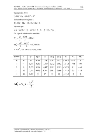 ECV 5219 – Análise Estrutural I - Departamento de Engenharia Civil da UFSC
Prof a
. Ângela do Valle (ECV/CTC/UFSC) e Prof a
. Henriette Lebre La Rovere (ECV/CTC/UFSC)
Grupo de Experimentação e Análise de Estruturas - GRUPEX
Colaboração: Programa de Educação Tutorial - PET
116
Equação do Arco:
(x-16)2
+ [y + (R-3)]2
= R2
derivando em relação a x:
2(x-16) + 2 [y + (R-3)] dy/dx = 0
teremos que:
tg ϕ = dy/dx = (16 - x) / (y + R - 3) R = 44,17 m
Da viga de substituição obtemos:
kN128
2
32x8
2
ql
VA ===
m.kN1024
8
32x8
8
ql
M
22
*
g ===
H = M*
g / f = 1024 / 3 = 341,33 kN
Pontos x y tg ϕ ϕ sen ϕ cos ϕ NS VS MS
0 0 0 0,388 21,24º 0,362 0,932 - 364,5 - 4,3 0
1 4 1,34 0,283 15,96º 0,272 0,962 - 354,5 - 0,5 - 9,4
2 8 2,27 0,184 10,43º 0,181 0,983 - 347,1 1,1 - 6,8
3 12 2,82 0,091 5,20º 0,091 0,996 - 342,9 0,8 - 2,6
4 16 3,00 0 0º 0 1,0 - 341,3 0 0
2
qx
xVM
2
A
*
S −=
 