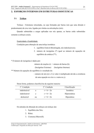 ECV 5219 – Análise Estrutural I - Departamento de Engenharia Civil da UFSC
Prof a
. Ângela do Valle (ECV/CTC/UFSC) e Prof a
. Henriette Lebre La Rovere (ECV/CTC/UFSC)
Grupo de Experimentação e Análise de Estruturas - GRUPEX
Colaboração: Programa de Educação Tutorial - PET
21
2. ESFORÇOS INTERNOS EM ESTRUTURAS ISOSTÁTICAS
2.1. Treliças
Treliças - Estruturas reticuladas, ou seja formadas por barras (em que uma direção é
predominante) de eixo reto, ligadas por rótulas ou articulações (nós).
Quando submetidas a cargas aplicadas nos nós apenas, as barras estão submetidas
somente a esforços axiais.
Estaticidade e Estabilidade:
Condições para obtenção de uma treliça isostática:
1. equilíbrio Estável (Restringida, nós indeslocáveis);
2. número de incógnitas (*) igual ao número de equações de
equilíbrio da estática (**).
* O número de incógnitas é dados por:
número de reações (r) + número de barras (b).
(Incógnitas Externas) (Incógnitas Internas)
** Número de equações de equilíbrio é o resultado do:
- número de nós (n) x 2 (o valor é multiplicado devido a existência
de uma equação no eixo x e outra no y).
Desta forma, podemos classificá-las da seguinte maneira:
1a
. Condição 2a
. Condição Classificação
indeslocável e r + b = 2n Isostática
indeslocável e r + b > 2n Hiperestática
deslocável ou r + b < 2n Hipostática
Os métodos de obtenção de esforços em treliças são:
1. Equilíbrio dos Nós;
2. Ritter;
3. Cremona (Maxwell).
 