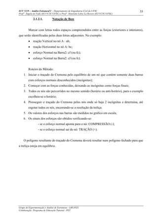 ECV 5219 – Análise Estrutural I - Departamento de Engenharia Civil da UFSC
Prof a
. Ângela do Valle (ECV/CTC/UFSC) e Prof a
. Henriette Lebre La Rovere (ECV/CTC/UFSC)
Grupo de Experimentação e Análise de Estruturas - GRUPEX
Colaboração: Programa de Educação Tutorial - PET
35
2.1.2.1. Notação de Bow
Marcar com letras todos espaços compreendidos entre as forças (exteriores e interiores),
que serão identificadas pelas duas letras adjacentes. No exemplo:
• reação Vertical no nó A : ab;
• reação Horizontal no nó A: bc;
• esforço Normal na Barra2: cf (ou fc);
• esforço Normal na Barra2: cf (ou fc).
Roteiro do Método:
1. Iniciar o traçado do Cremona pelo equilíbrio de um nó que contém somente duas barras
com esforços normais desconhecidos (incógnitas);
2. Começar com as forças conhecidas, deixando as incógnitas como forças finais;
3. Todos os nós são percorridos no mesmo sentido (horário ou anti-horário), para o exemplo
escolheu-se o horário;
4. Prosseguir o traçado do Cremona pelos nós onde só haja 2 incógnitas a determina, até
esgotar todos os nós, encerrando-se a resolução da treliça.
5. Os valores dos esforços nas barras são medidos no gráfico em escala;
6. Os sinais dos esforços são obtidos verificando-se:
- se o esforço normal aponta para o nó: COMPRESSÃO (-);
- se o esforço normal sai do nó: TRAÇÃO (+).
O polígono resultante do traçado do Cremona deverá resultar num polígono fechado para que
a treliça esteja em equilíbrio.
 