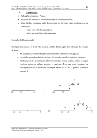 ECV 5219 – Análise Estrutural I - Departamento de Engenharia Civil da UFSC
Prof a
. Ângela do Valle (ECV/CTC/UFSC) e Prof a
. Henriette Lebre La Rovere (ECV/CTC/UFSC)
Grupo de Experimentação e Análise de Estruturas - GRUPEX
Colaboração: Programa de Educação Tutorial - PET
48
2.2.2. Vigas Gerber
• Aplicações principais – Pontes;
• Surgiram por motivos de ordem estrutural e de ordem construtiva;
• Vigas Gerber Isostáticas serão decompostas nas diversas vigas isostáticas que as
constituem:
- Vigas com estabilidade própria;
- Vigas que se apóiam sobre as demais;
Exemplos de Decomposição:
Os algarismos romanos I, II, III e IV indicam a ordem de resolução, para obtenção das reações
de apoio.
• Os diagramas podem ser traçados separadamente, juntando-os em seguida;
• As rótulas transmitem forças verticais e horizontais, mas não transmitem momento;
• Basta que um dos apoios resista a forças horizontais na viga Gerber. Apenas as cargas
verticais provocam esforço cortante e momento fletor nas vigas, portanto, na
decomposição não é necessário distinguir apoios do 1o
ou 2o
gênero. Usaremos
apenas: ∆
II
I
II
II
I
 