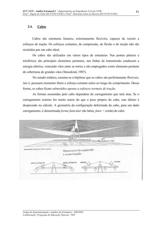 ECV 5219 – Análise Estrutural I - Departamento de Engenharia Civil da UFSC
Prof a
. Ângela do Valle (ECV/CTC/UFSC) e Prof a
. Henriette Lebre La Rovere (ECV/CTC/UFSC)
Grupo de Experimentação e Análise de Estruturas - GRUPEX
Colaboração: Programa de Educação Tutorial - PET
81
2.4. Cabos
Cabos são estruturas lineares, extremamente flexíveis, capazes de resistir a
esforços de tração. Os esforços cortantes, de compressão, de flexão e de torção não são
resistidos por um cabo ideal.
Os cabos são utilizados em vários tipos de estruturas. Nas pontes pênseis e
teleféricos são principais elementos portantes, nas linhas de transmissão conduzem a
energia elétrica, vencendo vãos entre as torres e são empregados como elemento portante
de coberturas de grandes vãos (Süssekind, 1987).
No estudo estático, assume-se a hipótese que os cabos são perfeitamente flexíveis,
isto é, possuem momento fletor e esforço cortante nulos ao longo do comprimento. Dessa
forma, os cabos ficam submetidos apenas a esforços normais de tração.
As formas assumidas pelo cabo dependem do carregamento que nele atua. Se o
carregamento externo for muito maior do que o peso próprio do cabo, este último é
desprezado no cálculo. A geometria da configuração deformada do cabo, para um dado
carregamento, é denominada forma funicular (do latim, funis = corda) do cabo.
 