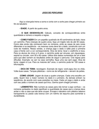 JOGO DE PERCURSO

Aqui a criançada treina a soma e conta com a sorte para chegar primeiro ao
fim do tabuleiro
- IDADE: A partir de quatro anos.
- O QUE DESENVOLVE: Cálculo, conceito de correspondência entre
quantidade e número e respeito a regras.
- COMO FAZER Em um papelão quadrado de 40 centímetros de lado, trace
um caminho. Para crianças de quatro anos, faça um trajeto reto de até 50 casas.
Como elas ainda não conhecem bem os números, pinte as casas de seis cores
diferentes e na seqüência – as mesmas cores deve ter o dado, construído com um
cubo de madeira. Nessa versão, a criança joga o dado e salta para a primeira
casa à frente com a cor correspondente. Dica de tema: levar o coelhinho à toca.
Para os alunos de cinco e 6 anos, o caminho pode ser sinuoso, em ziguezague,
espiral ou circular, com 50 a 80 casas. Utilize dois dados numerados de um a seis
para que eles somem os resultados antes de seguir o percurso. Crie regras para
dificultar. Exemplo: se cair na casa vermelha, fique uma vez sem jogar. Dica de
tema: viagem à Lua. Para os maiores de7 anos, o caminho pode ter 100 casas e
bifurcações.
- DICA DE TEMA: reciclagem. Exemplo de regra: você jogou lixo no chão.
Volte duas casas. Tampas plásticas – como as de refrigerante – servem de peões.
-COMO JOGAR: Jogam de duas a quatro crianças. Cada uma escolhe um
peão. Quem tirar o maior número no dado é o primeiro. As demais entram na
seqüência, de acordo com suas posições na mesa. Cada um joga o dado e anda
com seu peão o número de casas que tirou. Ganha quem chegar primeiro.
- LEMBRETES: Não numere as casas para não tornar o jogo confuso – os
números sorteados no dado significam a quantidade de casas que a criança deve
andar e não a casa que ela deve ocupar. Encape o tabuleiro com plástico adesivo
transparente ou passe cola branca com um rolinho de espuma para aumentar a
durabilidade.

 