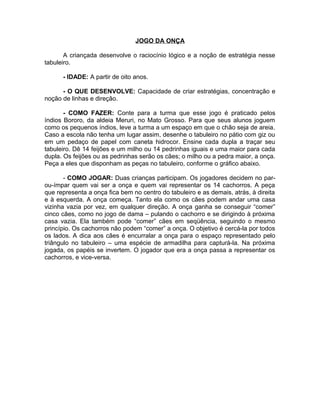 JOGO DA ONÇA
A criançada desenvolve o raciocínio lógico e a noção de estratégia nesse
tabuleiro.
- IDADE: A partir de oito anos.
- O QUE DESENVOLVE: Capacidade de criar estratégias, concentração e
noção de linhas e direção.
- COMO FAZER: Conte para a turma que esse jogo é praticado pelos
índios Bororo, da aldeia Meruri, no Mato Grosso. Para que seus alunos joguem
como os pequenos índios, leve a turma a um espaço em que o chão seja de areia.
Caso a escola não tenha um lugar assim, desenhe o tabuleiro no pátio com giz ou
em um pedaço de papel com caneta hidrocor. Ensine cada dupla a traçar seu
tabuleiro. Dê 14 feijões e um milho ou 14 pedrinhas iguais e uma maior para cada
dupla. Os feijões ou as pedrinhas serão os cães; o milho ou a pedra maior, a onça.
Peça a eles que disponham as peças no tabuleiro, conforme o gráfico abaixo.
- COMO JOGAR: Duas crianças participam. Os jogadores decidem no parou-ímpar quem vai ser a onça e quem vai representar os 14 cachorros. A peça
que representa a onça fica bem no centro do tabuleiro e as demais, atrás, à direita
e à esquerda. A onça começa. Tanto ela como os cães podem andar uma casa
vizinha vazia por vez, em qualquer direção. A onça ganha se conseguir “comer”
cinco cães, como no jogo de dama – pulando o cachorro e se dirigindo à próxima
casa vazia. Ela também pode “comer” cães em seqüência, seguindo o mesmo
princípio. Os cachorros não podem “comer” a onça. O objetivo é cercá-la por todos
os lados. A dica aos cães é encurralar a onça para o espaço representado pelo
triângulo no tabuleiro – uma espécie de armadilha para capturá-la. Na próxima
jogada, os papéis se invertem. O jogador que era a onça passa a representar os
cachorros, e vice-versa.

 