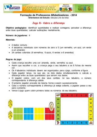Formação de Professores Alfabetizadores - 2014 
Orientadora de Estudo: Eleúzia Lins da Silva 
Jogo 8- Cubra a diferença 
Objetivo pedagógico: identificar quantidades e realizar contagens; perceber a diferença 
entre duas quantidades; calcular subtrações mentalmente. 
Número de jogadores: 4 
Materiais: 
 2 dados comuns 
 4 tabuleiros individuais com números de zero a 5 (um vermelho, um azul, um verde 
e um amarelo) 
 24 cartões coloridos (6 vermelhos, 6 azuis, 6 verdes e 6 amarelos) 
Regras do jogo: 
 Cada criança escolhe uma cor: amarela, verde, vermelha ou azul. 
 Assim que escolher a cor, a criança pega o seu tabuleiro e as 6 fichas da mesma 
cor. 
 Os 4 tabuleiros individuais devem ser organizados para o jogo, conforme a figura . 
 Cada jogador lança, na sua vez, os dois dados simultaneamente e calcula a 
diferença entre as duas quantidades que saíram nos dados. 
 O jogador cobre, com um dos seus cartões, no seu tabuleiro, o número 
correspondente à diferença obtida. 
 O próximo jogador procede da mesma forma e assim sucessivamente. 
 Caso o número correspondente à diferença já esteja coberto, o jogador passa a vez 
para o próximo. 
 Vence o jogo quem cobrir primeiro todos os números do seu tabuleiro. 
 
