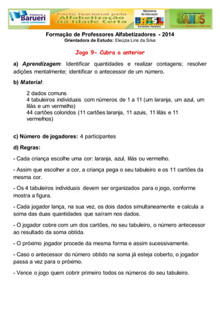 Formação de Professores Alfabetizadores - 2014 
Orientadora de Estudo: Eleúzia Lins da Silva 
Jogo 9- Cubra o anterior 
a) Aprendizagem: Identificar quantidades e realizar contagens; resolver 
adições mentalmente; identificar o antecessor de um número. 
b) Material: 
2 dados comuns 
4 tabuleiros individuais com números de 1 a 11 (um laranja, um azul, um 
lilás e um vermelho) 
44 cartões coloridos (11 cartões laranja, 11 azuis, 11 lilás e 11 
vermelhos) 
c) Número de jogadores: 4 participantes 
d) Regras: 
- Cada criança escolhe uma cor: laranja, azul, lilás ou vermelho. 
- Assim que escolher a cor, a criança pega o seu tabuleiro e os 11 cartões da 
mesma cor. 
- Os 4 tabuleiros individuais devem ser organizados para o jogo, conforme 
mostra a figura. 
- Cada jogador lança, na sua vez, os dois dados simultaneamente e calcula a 
soma das duas quantidades que saíram nos dados. 
- O jogador cobre com um dos cartões, no seu tabuleiro, o número antecessor 
ao resultado da soma obtida. 
- O próximo jogador procede da mesma forma e assim sucessivamente. 
- Caso o antecessor do número obtido na soma já esteja coberto, o jogador 
passa a vez para o próximo. 
- Vence o jogo quem cobrir primeiro todos os números do seu tabuleiro. 
 
