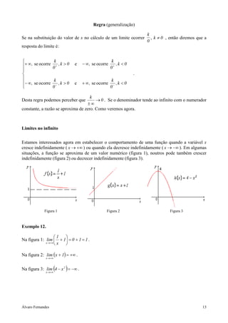 Regra (generalização)

                                                                       k
Se na substituição do valor de x no cálculo de um limite ocorrer         , k ≠ 0 , então diremos que a
                                                                       0
resposta do limite é:


                 k                                    k
+ ∞ , se ocorre 0 + , k > 0   e     − ∞ , se ocorre
                                                       0+
                                                          ,k < 0

                                                                  .
                 k                                    k
− ∞ , se ocorre − , k > 0     e     + ∞ , se ocorre      ,k < 0
                0                                     0−

                                     k
Desta regra podemos perceber que        → 0 . Se o denominador tende ao infinito com o numerador
                                   ±∞
constante, a razão se aproxima de zero. Como veremos agora.



Limites no infinito


Estamos interessados agora em estabelecer o comportamento de uma função quando a variável x
cresce indefinidamente ( x → +∞ ) ou quando ela decresce indefinidamente ( x → −∞ ). Em algumas
situações, a função se aproxima de um valor numérico (figura 1), noutros pode também crescer
indefinidamente (figura 2) ou decrecer indefinidamente (figura 3).




             Figura 1                              Figura 2                       Figura 3



Exemplo 12.

                   1 
Na figura 1: lim  + 1 = 0 + 1 = 1 .
             x → +∞ x
                     

Na figura 2: lim ( x + 1) = +∞ .
              x → +∞



Na figura 3: lim (4 − x 2 ) = −∞ .
              x → +∞




Álvaro Fernandes                                                                                   13
 