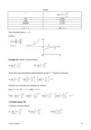 Tabela
                                  x                                                                          1
                                                                                                                   x

                                                                                                f (x ) =  1 + 
                                                                                                             x
                           100                                                                      2,7048..
                          1000                                                                      2,7169..
                         100.000                                                                    2,7182..

                         x→ +∞                                                                     f(x) → e

Faça uma tabela para x → - ∞.

Gráfico:




Exemplo 16. Calcule os limites abaixo:
                   5x                                                     4x
              1                                         3
a) lim  1 +     .                            b) lim  1 −  .
   x → +∞
              x                                 x → −∞
                                                          x


Nestes dois casos percebemos indeterminações do tipo 1∞ . Vejamos as soluções...
                                                5                              5
           1
                   5x
                                  1 
                                      x
                                                    1 
                                                        x

a) lim  1 +           = lim  1 +   =  lim  1 +   = e 5 .
   x → +∞
           x            x → +∞
                                 
                                   x    x →+∞
                                                     x 

b) Neste caso, usaremos uma mudança de variável...

Faça x = −3t . Se x → −∞ então t → +∞ .

                                                       4 ( −3 t )                                                −12
              3
                             4x
                                              3                             1
                                                                                    −12 t
                                                                                                       1 
                                                                                                           t

Logo, lim  1 −                  = lim  1 −                      = lim  1 +            =  lim  1 +            = e −12 .
      x → −∞
              x                   t → +∞
                                             − 3t                   t → +∞
                                                                              t             t →+∞ 
                                                                                                        t 

Atividades (grupo 10).

1. Calcule os limites abaixo:

                        2x                                     5x                                      2x
         7                                           2                                   x + 1
a) lim  1 +                .         b) lim  1 −       .                       c) lim          .
                                                                                      x → +∞ x − 1
  x →+∞    x                            x → −∞
                                                       x                                        




Álvaro Fernandes                                                                                                                   18
 
