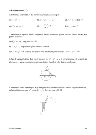 Álvaro Fernandes 49
Atividades (grupo 27).
1. Determine a derivada 'y das curvas dadas implicitamente por:
a) 4yx 22
=+ b) y2xy2xy 32
−=+ c) ( ) 0ysenxyx 22
=+
d) 3yxexy
−+= e) 0
yx
yx
y3
=
+
−
− f) ( ) 1xyytg −=
2. Determine a equação da reta tangente e da reta normal ao gráfico de cada função abaixo, nos
pontos indicados.
a) ( ) 2
yxyln += no ponto ( )1,1P − .
b) y3
2.yx = , no ponto em que a normal é vertical.
c) 19y13x6 22
=+ (elipse), nos pontos onde a normal é paralela à reta 07y12x26 =−− .
3. Seja C a circunferência dada implicitamente por 1yx 22
=+ e t a reta tangente à C no ponto de
abscissa 22xo = , como mostra a figura abaixo. Calcule o valor da área sombreada.
4. Determine a área do triângulo AOB na figura abaixo sabendo-se que r é a reta tangente a curva C,
dada implicitamente por ( ) x31xcos2e 2xy
=−+ , no ponto ( )0,1A .
 