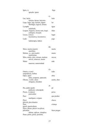 17
Ignis, is fogo
ignição, ígneo
-L-
Lac, lactis leite
leiteira, lácteo, laticínio
Lego, legis, legi, lectum, legere ler
florilégio, legível, leitura
Lympha água
endolinfa.
Loquor, loqueris, loctus sum, loqui falar
colóquio, locução
Locus, i (loco) lugar
locomotiva, locomotiva
Ludo jogo
ludoterapia, lúdico
-M-
Mors, mortis (morti) morte
mortífero
Multus, -a, -um (multi) muito
multiforme
Mito, mittis, misi, misum, muttere mover
móvel, remover, motor
Mater mãe
materno, maternidade
-O-
Omnis, e (oni) todo
onipotência, ônibus
Opus, operi obra
obra, cooperar, opúsculo
Oleum, -i (olei, oleo) azeite, óleo
oleígeno, oleoduto
-P-
Pes, pedis (pedi) pé
pedicuro, velocípede
Piscis, -is (pisci) peixe
piscicultor
Paro que produz
multíparo, ovíparo
Pluvi chuva
pluvial, pluviômetro
Puer criança
pueril, puericultura
Plico, plicas, plicavi ou plicui,
plicatum fazer pregas
dobrar, aplicar, cúmplice
Pono, ponis, posui, positum,
 