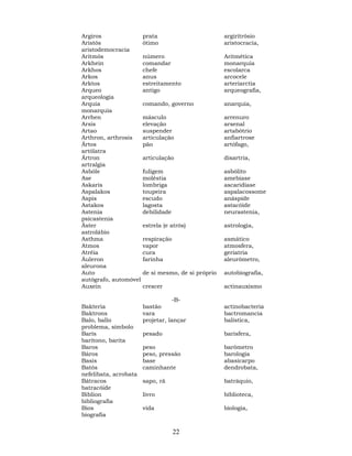 22
Argiros prata argiritrósio
Aristós ótimo aristocracia,
aristodemocracia
Aritmós número Aritmética
Arkhein comandar monarquia
Arkhos chefe escolarca
Arkos anus arcocele
Arktos estreitamento arteriarctia
Arqueo antigo arqueografia,
arqueologia
Arquia comando, governo anarquia,
monarquia
Arrhen másculo arrenuro
Arsis elevação arsenal
Artao suspender artabótrio
Arthron, arthrosis articulação anfiartrose
Ártos pão artófago,
artólatra
Ártron articulação disartria,
artralgia
Asbóle fuligem asbólito
Ase moléstia amebiase
Askaris lombriga ascaridíase
Aspalakos toupeira aspalacossome
Aspis escudo anáspide
Astakos lagosta astacóide
Astenia debilidade neurastenia,
psicastenia
Áster estrela (e atrós) astrologia,
astrolábio
Asthma respiração asmático
Atmos vapor atmosfera,
Atréia cura geriatria
Áuleron farinha aleurômetro,
aleurona
Auto de si mesmo, de si próprio autobiografia,
autógrafo, automóvel
Auxein crescer actinauxismo
-B-
Bakteria bastão actinobacteria
Baktrons vara bactromancia
Balo, ballo projetar, lançar balística,
problema, símbolo
Barís pesado barisfera,
barítono, barita
Baros peso barômetro
Báros peso, pressão barologia
Basis base abasicarpo
Batós caminhante dendrobata,
nefelibata, acrobata
Bátracos sapo, rã batráquio,
batracóide
Biblion livro biblioteca,
bibliografia
Bios vida biologia,
biografia
 