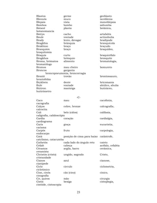 23
Blastos germe geoblasto
Blennós muco iscoblenia
Blepsis vista monoblepsia
Bombos bombo zabumba
Botané planta botânica,
botanomancia
Botrys cacho artabótis
Boule vontade actinobulia
Brady lento, devagar bradípode
Bragkhia brânquia branquícola
Brakhion braço braçudo
Branquíon braço braquídeo,
braquitomia
Braquis curto braquicéfalo
Brogkhos brônquio bronquite
Broma, brómatos alimento bromatologia,
bromatólogo
Bromos mau cheiro bomureto
Broncos garganta
broncopneumonia, broncorragia
Bronté trovão brontossauro,
brontofobia
Brykhein dente bricomania
Bule vontade abúlico, abulia
Bútiron manteiga butiráceo,
butirômetro
-C-
Caco mau cacofonia,
cacografia
Calços cobre, bronze calcografia,
calcocita
Cali belo (cálos) califasia,
caligrafia, calidoscópio
Cardia coração cardialgia,
cardiograma
Caris graça eucaristia,
carisma
Carpós fruto carpologia,
endocarpo
Catá posição de cima para baixo catástrofe,
catclismo, catacumba
Cathetós cada lado do ângulo reto cateto
Cefalé cabeça acéfalo, cefaléia
Céramos argila, barro cerâmica,
ceramista
Christós (cristo) ungido, sagrado Cristo,
cristandade
Cianos azul cianose,
cianípede
Ciclo círculo ciclometria,
ciclotímico
Cíon, cinós cão (cino) cínico,
cinografia
Cir, quiros mão cirurgia
Cístis bexiga cistoplegia,
cistóide, cistoscopia
 