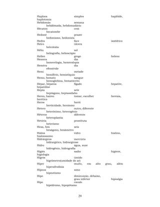 29
Haploos simples haplóide,
haplotomia
Hebdomás semana
hebdômada, hebdomadário
Hécaton cem
hecatombe
Hedoné prazer
hedonismo, hedonista
Hedra face isoédrico
Helco úlcera
helcolozia
Hélio sol
heliografia, helioscópio
Hellen grego heleno
Hemera dia
hemerelogia, hemeralopia
Heméra dia
efeméride
Hemi metade
hemifério, hemistíquio
Hemo, hemato sangue
hemoglobina, hematócrito
Hêpar, hépatos fígado hepatite,
hepatólise
Hepta sete
heptágono, heptassílabo
Hereo, haireo tomar, escolher heresia,
herético
Heros herói
heróicidade, heroísmo
Hetero outro, diferente
heterônimo, heterogênio
Héteros diferente
heteroplastia
Hetória prostituta
heterismo
Hexa, hex seis
hexágono, hexâmetro
Hiálos vidro hialino,
hialosssomo
Hidrárgiros mercúrio
hidrargírico, hidrargirose
Hidro água, suor
hidrogênio, hidrografia
Higiés sadio higiene,
higiologia
Higrós úmido
higrômetro(umidade do ar)
Hiper muito, em alto grau, além
hiperafrodisia
Hipnos sono
hipnotismo
Hipo diminuição, debaixo,
grau inferior hipoalgia
Hipo cavalo
hipódromo, hipopótamo
 