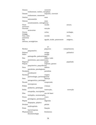 38
Osmos corrente
endosmose, ombro, omoplata
Osmós impulso, corrente
endosmose, exosmose
Ostéon osso
osteomielite
Osteon osso
anosteozoário, osteogênese
Oura cauda anuro,
arrenuro
Ouresis micção
aconurese
Ouron urina urologia,
iscúria
Ous, otós ouvido otite,
ototomia
Oxi agudo, ácido, penetrante oxígono,
oxítono, aroxigênios
-P-
Pachys pequeno comprimento
paquímetro
Palaios antigo palozóico
Paleo antigo
paleografia, paleontologia
Pan todos, tudo
panteísmo, pan-americano
Papyrus papel papelada
Paquís espesso, grosso
paquímetro, paquiderme
Para defeito
paralexia, paralogismo
Paralysis paralisia
paralisante
Parténos virgem
partenologia, partenogenese
Pato doença
patogenético, patologia
Pausis suspensão
menopausa
Ped(o) criança
pediatria, pedologia
Pedia instrução, correção
ortopedia, enciclpédia
Péia ato de fazer
melopéia, onomatopéia
Penta cinco
pentágono, pentâmetro
Pépsis digestão
dispepsia, péptico
Petalon pétala
andriopétalo
Pexis fixação
bacteriopexia
Phainomenon fenômeno
fenomenologia
 