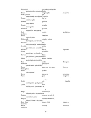 40
Pneumon pulmão,respiração
pneumonia, pneumoplegia
Pnoia respiração eupnéia
Pode, podós pé
gastropode, miriápode, ápode
Pogon barba
andropogão
Poiesis poesia
poetrastro
Polein vender
monopólio
Pólemos guerra
polêmico, polemarco
Poli muito poliglota,
polígono
Polin de novo
políndromo
Pólis, pole cidade, pátria
Petrópolis, metrópole,
Potamo rio
potamografia, potamologia
Présbis velho
presbitísmo, presbítero
Proktos ânus aproctia
Proto primeiro
protótipo, protozoário
Pseudo falso
psudônimo, pseudo-esfera
Psico alma, espírito
psicologia, psicanálise
Psis visão fonopsia
Psitacós papagaio
psitacismo, psitacídeo
Ptero asa, que tem asas íptero,
helicóptero
Ptosis queda
metroptose
Pyein supurar ecpiema
Pyon pus mepiose
- Q -
Quilo mil (quilo)
quiliógono, quilograma
Quiro mão
quiróptero, quiromancia
- R -
Ragé corrimento
hemorragia, blenorragia
Raquia coluna vertebral
acefalorraquia
Ráquis coluna vertebral
raquicentese, raquítico
Reo, rheo correr, fluir catarro,
diarréia
Rétor orador retórica,
retórico
 