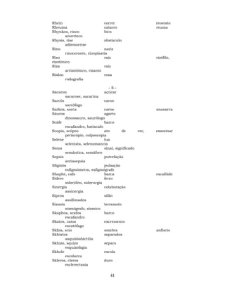 41
Rhein correr reostato
Rheuma catarro reuma
Rhynkos, rinco bico
anorrinco
Rhysis, rise obstáculo
adiemorrise
Rino nariz
rinoceronte, rinoplastia
Riso raiz rizófilo,
rizotônico
Riza raiz
arrizotônico, rizanto
Ródon rosa
rodografia
- S -
Sácaron açúcar
sacarose, sacarina
Sarcós carne
sarcófago
Sarkos, sarca carne anasarca
Sáuros agarto
dinossauro, saurólogo
Scáfe barco
escafandro, batiscafo
Scopia, scópeo ato de ver, examinar
periscópio, colposcopia
Selene lua
selenista, selenomancia
Sema sinal, significado
semântica, semáforo
Sepsis putrefação
antissepsia
Sfigmós pulsação
esfigmômetro, esfigmógrafo
Shaphe, cafo barca escafóide
Sídero ferro
siderólito, siderurgia
Sinergia colaboração
assinergia
Sipron sifão
assifonados
Sismós terremoto
sismógrafo, sísmico
Skaphos, scafos barco
escafandro
Skatos, catos excremento
escatófago
Skhia, scio sombra anfíscio
Skhistos separados
asquislodáctilia
Skhizo, squizo separo
esquizofagia
Skhole escola
escolarca
Skleros, cleros duro
esclerectasia
 
