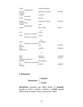 45
Trobo trombo (coágulo)
troboplastina
Trophe alimento, nutrição eutrofia,
alotrofia
Trophe nutrição
cacotrofia
Tropo direção
hemitropia
Tropos mudança, direção isótropo,
troponônimo
Tropos volta
geotropismo
Trypos tipo, molde éctipo
- U -
Urá cauda
melanuro, uromorfo
Úron urina
uricemia, urocrasia
- X -
Xeno estrangeiro
xenofobia, xenomanca
Xero seco xerofilia,
xerófito
Xilo madeira xilógrafo,
xilogravura
- Z -
Zélia imitação cacozélia
Zimé fermento enzima,
zimogenia, galazime
Zoarion animalzinho
espizoário, protozoário
Zoo animal zoógrafo,
zoologia
Continuação:
nominal
Desinência:
Verbal
Desinência: morfema que indica flexão. É nominal,
quando se refere a gênero e número e verbal, quando
indica número, tempo, modo e pessoa dos verbos.
 