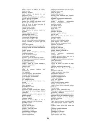 49
Fileira: de peças de artilharia, de cadeiras,
coisas em série
Filmoteca: de filmes
Flora: conjunto de plantas de uma
determinada região
Florilégio: de trechos literários ou científicos
Flotilha: de aviões ou torpedos
Folclore: de lendas populares
Fornada: pães, biscoitos feitos de uma só vez
Fossário: de covas ou buracos
Frota: de navios de guerra, mercante, de
ônibus, de aviões, veículos
Gabela: feixe de espigas
Gadario: de gado vacum
Gado: conjunto de animais criados nas
fazendas
Galeria: de quadros, de estátuas
Gavela: feixe de espigas
Girândola: de fogos de artifício
Gliptoteca: de pedras gravadas
Granizo: de pedras, balas, setas
Grei: de bois, ovelhas, carneiros, paroquianos
Grêmio: sociedade de pessoas para fim
comum
Grosa: de doze dúzias
Hemeroteca: de jornais e revistas arquivadas
Herbário: coleção de plantas para exposição
ou estudo
Hinário: de hinos
Horda: bando indisciplinar, nômades,
vândalos, salteadores
Hoste: de soldados, inimigos
Humanidades: de estudos
Iconoteca: coleção de imagens, de retratos
Instrumental: de instrumentos de orquestra,
de cirurgia, mecânicos
Irmandade: de religiosos
Jaribara: galhos de árvores abatidas e
recobertas de trepadeiras
Jugada: de bois
Jugo: de bois
Junta: de credores, médicos, bois,
examinadores
Júri: de jurados
Legião: de soldados, anjos, demônios
Leitegado: de leitões de um parto
Leva: retirantes, recrutas, presos
Linha: de cadeiras
Lio: de lenha, de capim
Lote: de burros, de bestas de carga, coisas,
pessoas
Lustro: de cinco anos
Maço: de cigarros
Magistratura: de juízes
Magote: de pessoas
Malhada: de burros, bestas de carga, ovelhas
Malta: gente de baixa condição, ladrões,
vagabundos
Manada: de éguas, cavalos, porcos, bois,
búfalos, elefantes
Manoca: de tabaco
Manhuço: de grãos
Manípulo ou manojo: feixe de erva ou
qualquer objeto que a mão não abrange
Manolho: de grãos
Manta: de peixes
Manzar: penca de cocos
Mão: de cinco cadernos
Mapoteca: coleção de mapas
Marajatina: de marajás
Marinhagem: de marinheiros
Maromba: de bois, ovelhas
Maruja: de marinheiros
Matalotagem: mantimentos para uma viagem
Matilha: de cães de caça
Matula: de vadios
Meda: montão, de cereal
Mesnada: gente assalariada para a guerra,
tropa militar
Mexoalho: de caranguejos em putrefação
Milênio: de mil anos
Miríade: gafanhotos, marimbondos,
percevejos, dez mil, inúmeras estrelas
Mistifório: confusão
Miuçalha: de crianças
Mixórdia: de artigos
Mó: de gente
Mobília: de móveis
Mobiliário: de móveis
Mocedo ou moçame: de moças
Mole: de gente
Molho (ó): de lenha, de capim, chaves,
aventuras, verduras
Moncalho: de trapos
Montão: de lixo, de palha, de pedras
Monte: de palha, de lixo, de pedras
Monturo: de coisas repugnantes, esterco
Mortualha: de cadáveres
Muladar: de esterco
Muletada: de gado muar
Multidão: pessoas em geral
Ninhada: de pintos, filhotes de ave
Novena: de nove dias
Nuvem: gafanhotos, marimbondos,
percevejos, insetos
Olimpíada: período de quatro anos entre as
celebrações dos jogos olímpicos
Onda: gafanhotos, marimbondos, percevejos
Ordem: de religiosos
Orquestra: de músicos
Oviário: de burros, de bestas de carga,
ovelhas
Palamenta: de apetrechos de um navio
Paliçada: de estacas fincadas em forma de
cerca
Panapaná: de borboletas
Panóplia: cavaleiros da Idade Média
Parenéptica: de discursos
Parenéptica: animais de raça
Parlamento: casas legislativas
Patrulha: de soldados
Paveia: feixe de espigas
Pelotão: de soldados
Penca: de chaves, bananas, laranjas
Pentatlo: exercícios de atletas
Pessoal: de uma fábrica, repartição pública,
escola, loja
Piara: de porcos
Plantel: de atletas, de animais de raça
Plêiade: grupo de pessoas de um certo nível
ou profissão. Constelação.
Plenário: de juízes ou representantes do povo
Poliantéia: escritos em homenagem a alguém
Poligrafia: coleção de obras literárias
diversas ou científicas
Prole: de filhos
Pugilo: alguma coisa que se pode abranger
com os dedos polegar, indicador e médio, de
bravos
Quadriga: quatro cavalos que puxam um
carro
Quadrilha: de ladrões, bandidos
Quarteirão: de casas
Qüinqüênio: de cinco anos
Qüinqüídio: de cinco dias
Racino: cacho de uvas, flores
 