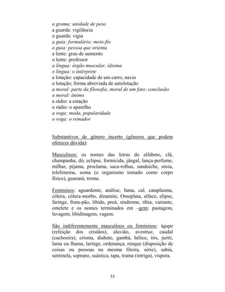 53
o grama: unidade de peso
a guarda: vigilância
o guarda: vigia
a guia: formulário; meio-fio
o guia: pessoa que orienta
a lente: grau de aumento
o lente: professor
a língua: órgão muscular, idioma
o língua: o intérprete
a lotação: capacidade de um carro, navio
o lotação; forma abreviada de autolotação
a moral: parte da filosofia; moral de um fato; conclusão
o moral: ânimo
a rádio: a estação
o rádio: o aparelho
a voga: moda, popularidade
o voga: o remador
Substantivos de gênero incerto (gêneros que podem
oferecer dúvida):
Masculinos: os nomes das letras do alfabeto, clã,
champanha, dó, eclipse, formicida, jângal, lança-perfume,
milhar, pijama, proclama, saca-rolhas, sanduíche, sósia,
telefonema, soma (o organismo tomado como corpo
físico), guaraná, trema.
Femininos: aguardente, análise, fama, cal, cataplasma,
cólera, cólera-morbo, dinamite, Omoplata, alface, elipse,
faringe, fruta-pão, libido, preá, síndrome, tíbia, variante,
omelete e os nomes terminados em –gem: pastagem,
lavagem, libidinagem, vagem.
São indiferentemente masculinos ou femininos: ágape
(refeição dos cristãos), aluvião, avestruz, caudal
(cachoeira), crisma, diabete, gambá, hélice, íris, juriti,
lama ou lhama, laringe, ordenança, renque (disposição de
coisas ou pessoas na mesma fileira, série), sabiá,
sentinela, soprano, suástica, tapa, trama (intriga), víspora.
 