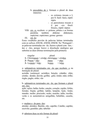 55
b- precedidos de i, formam o plural de duas
maneiras:
- os oxítonos trocam o L
por S: funil: funis; réptil:
réptis
- os paroxítonos trocam o
il por –eis: fóssil:
fósseis,; réptil: répteis
VIII- em –n, recebem –s: prótons, pólens e as formas
paralelas também: abdome: abdomens;
espécime: espécimes; germe: germes
IX- em ão:
Esses vocábulos provêm de palavras latinas terminadas
com os sufixos ANUM, ANEM, ONEM. No “Português”,
as palavras terminadas em –ão, fazem o plural com –ãos, -
ães e –ões, porque houve a dissolução analógica que
substitui as duas últimas terminações pela primeira:
singular plural
1- Christianum > cristão: christianus > cristãos
2- Panem > pão: panes > pães
3- Leonem > leão: leones > leões
a- substantivos terminados em –ão que recebem –s na
formação do plural:
acórdão (sentença): acórdãos; benção; cidadão; chão;
cristão; demão; desvão; golfão; grão; irmão; mão; órfão;
órgão; pagão; sótão; vão
b- substantivos terminados em –ão, que formam o plural
em –ões:
ação: ações; balão; botão; canção; coração; espião; folião;
formão; fração; grilhão; ladrão; lampião; lição, limão;
mamão; melão; procissão; razão; reunião; talão; tecelão;
verão e os aumentativos amigalhão, bobalhão, casarão,
etc.
c- mudam o –ão para –ães:
alemão: alemães; Bastião, cão; capelão; Catalão; capitão;
escrivão; guardião; pão; tabelião
d- admitem duas ou três formas de plural:
 