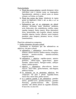 57
Particularidades
a- Plural dos nomes próprios: quando designam vários
indivíduos com o mesmo nome ou empregados
figuradamente, admitem o plural como os nomes
comuns: os Freitas, os Cunhas.
b- Plural dos nomes das letras: obedecem às regras
gerais ou duplicam a letra: o dê: os dês; o ce: os
cês; os bb, os uu.
c- Substantivos que só se empregam no plural:
afazeres, alvíssaras, anais (história), arredores,
avós, belas-artes, cãs, condolências, confins, copas,
espadas (naipes), fastos (anais), férias (descanso),
fezes, hemorróidas, mês (espírito, almas); matinas
(manhã), núpcias; óculos; olheiras; ouros (naipes);
parabéns, paus (naipes); pêsames; trevas, víveres
(mantimentos).
Plural dos substantivos compostos
1- Ambos elementos vão para o plural
Geralmente os elementos que são substantivos ou
adjetivos, vão para o plural:
a) substantivo + substantivo: couves-flores; cartas-
bilhetes; alunos-mestres; banhos-marias; cirurgiões-
dentistas; mestres-escolas; tenentes-coronéis;
traquéias-artérias
b) substantivo + adjetivo: capitães-mores; amores-
perfeitos; cabras-cegas; águas-fortes; águas-
furtadas; altares-mores; barrigas-verdes; cabeças-
chatas; cartões-postais
c) adjetivo + substantivo: altos-relevos; baixos-
relevos; boas-vidas; gentis-homens; más-línguas;
públicas-formas
d) os numerais ou os pronomes adjetivos dos
compostos vão para o plural: segundas-feiras;
meios-fios; meios-dias, padres-nossos
e) se a palavra guarda é um substantivo: guardas-
mores; guardas-civis; guardas-noturnos; guardas-
florestais; guardas-noturnos. Obs: “guardas-
marinha” não admite plural no segundo elemento.
O arco-íris: os arco-íris
 