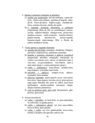 58
2- Apenas o primeiro elemento se pluraliza
a) unidos por preposição: pés-de-moleque; copos-de-
leite; mulas-sem-cabeça; galinhas-d’angola; pães-
de-ló; bicos-de-lacre; fogões-a-gás; estradas-de-
ferro; estrelas-do-mar; chefes-de-seção
b) o segundo elemento determina o primeiro
(exprimindo idéia de fim ou semelhança): navios-
escola; salários-família; mangas-rosa; peixes-boi;
pombos-correio; cafés-concerto; canetas-tinteiro;
papéis-moeda; decretos-lei; peixes-espada;
bananas-maçã; cajás-manga. Obs: a flexão de
ambos também é aceita.
3 – Varia apenas o segundo elemento
a) quando não há hífen: pontapés, clarabóias; fidalgos;
girassóis; madressilvas; santelmos; pernaltas
b) quando o primeiro elemento é palavra invariável
(preposição, advérbio, conjunção, interjeição ou
verbo): ave-marias (ave: salve); ex-diretores (adv.);
vice-reis; ex-governadores; vice-líderes (adv.);
ante-salas (prep.) ; contra-almirantes (prep.)
c) verbo + substantivo: beija-flores; arranha-céus;
caça-níqueis; vira-balas; bate-bolas
d) advérbio + adjetivo: sempre-vivas; abaixo-
assinados; bem-amados
e) palavras repetidas: quero-queros (ave); reco-recos;
tico-ticos; tique-taques; teu-téus (ave); pisca-piscas;
ruge-ruges (barulho das saias no chão); luze-luzes
(pirilampo); quebra-quebras (arruaça); chepe-
chepes (terreno pantanoso)
f) com os prefixos grão, grã e bel: bel-prazeres, gão-
priores; grã-cruzes
4 – Ficam invariáveis
a) verbo + advérbio: os bota-fora; os pisa-mansinho;
os cola-tudo; os ganha-pouco
b) verbo + substantivo plural: (o) (os) saca-rolhas;
louva-a-deus; pára-quedas
c) verbo + verbo: (o) (os) ganha-perde; leva-e-traz;
morde-e-assopra; diz-que-diz; entra-e-sai
 