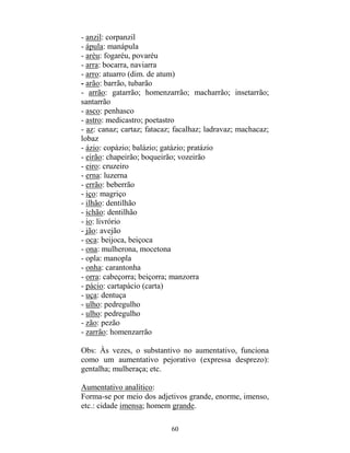 60
- anzil: corpanzil
- ápula: manápula
- aréu: fogaréu, povaréu
- arra: bocarra, naviarra
- arro: atuarro (dim. de atum)
- arão: barrão, tubarão
- arrão: gatarrão; homenzarrão; macharrão; insetarrão;
santarrão
- asco: penhasco
- astro: medicastro; poetastro
- az: canaz; cartaz; fatacaz; facalhaz; ladravaz; machacaz;
lobaz
- ázio: copázio; balázio; gatázio; pratázio
- eirão: chapeirão; boqueirão; vozeirão
- eiro: cruzeiro
- erna: luzerna
- errão: beberrão
- iço: magriço
- ilhão: dentilhão
- ichão: dentilhão
- io: livrório
- jão: avejão
- oca: beijoca, beiçoca
- ona: mulherona, mocetona
- opla: manopla
- onha: carantonha
- orra: cabeçorra; beiçorra; manzorra
- pácio: cartapácio (carta)
- uça: dentuça
- ulho: pedregulho
- ulho: pedregulho
- zão: pezão
- zarrão: homenzarrão
Obs: Às vezes, o substantivo no aumentativo, funciona
como um aumentativo pejorativo (expressa desprezo):
gentalha; mulheraça; etc.
Aumentativo analítico:
Forma-se por meio dos adjetivos grande, enorme, imenso,
etc.: cidade imensa; homem grande.
 