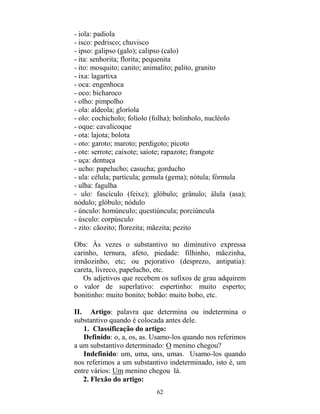 62
- iola: padiola
- isco: pedrisco; chuvisco
- ipso: galipso (galo); calipso (calo)
- ita: senhorita; florita; pequenita
- ito: mosquito; canito; animalito; palito, granito
- ixa: lagartixa
- oca: engenhoca
- oco: bicharoco
- olho: pimpolho
- ola: aldeola; gloríola
- olo: cochicholo; folíolo (folha); bolinholo, nucléolo
- oque: cavalicoque
- ota: lajota; bolota
- oto: garoto; maroto; perdigoto; picoto
- ote: serrote; caixote; saiote; rapazote; frangote
- uça: dentuça
- ucho: papelucho; casucha; gorducho
- ula: célula; partícula; gemula (gema); nótula; fórmula
- ulha: fagulha
- ulo: fascículo (feixe); glóbulo; grânulo; álula (asa);
nódulo; glóbulo; nódulo
- únculo: homúnculo; questiúncula; porciúncula
- úsculo: corpúsculo
- zito: cãozito; florezita; mãezita; pezito
Obs: Às vezes o substantivo no diminutivo expressa
carinho, ternura, afeto, piedade: filhinho, mãezinha,
irmãozinho, etc; ou pejorativo (desprezo, antipatia):
careta, livreco, papelucho, etc.
Os adjetivos que recebem os sufixos de grau adquirem
o valor de superlativo: espertinho: muito esperto;
bonitinho: muito bonito; bobão: muito bobo, etc.
II. Artigo: palavra que determina ou indetermina o
substantivo quando é colocada antes dele.
1. Classificação do artigo:
Definido: o, a, os, as. Usamo-los quando nos referimos
a um substantivo determinado: O menino chegou?
Indefinido: um, uma, uns, umas. Usamo-los quando
nos referimos a um substantivo indeterminado, isto é, um
entre vários: Um menino chegou lá.
2. Flexão do artigo:
 